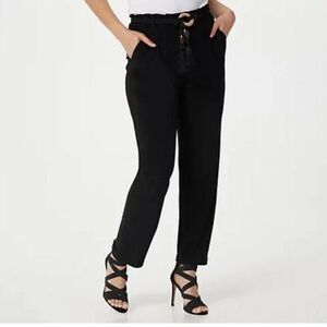 Dennis Basso knit elastic waist black pants rope belt L new